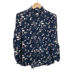 Ba&Sh Women's Flower Print Puff Shoulder Long Sleeves Blouse Navy Size L $285